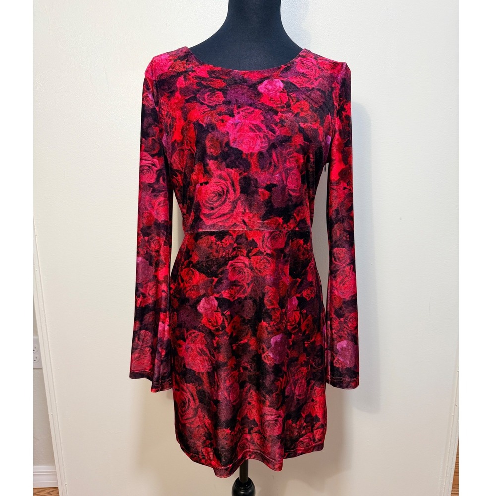 NWT Chelsea & Violet mini dress size M Velvet Rose Floral Open Back Bell Sleeve